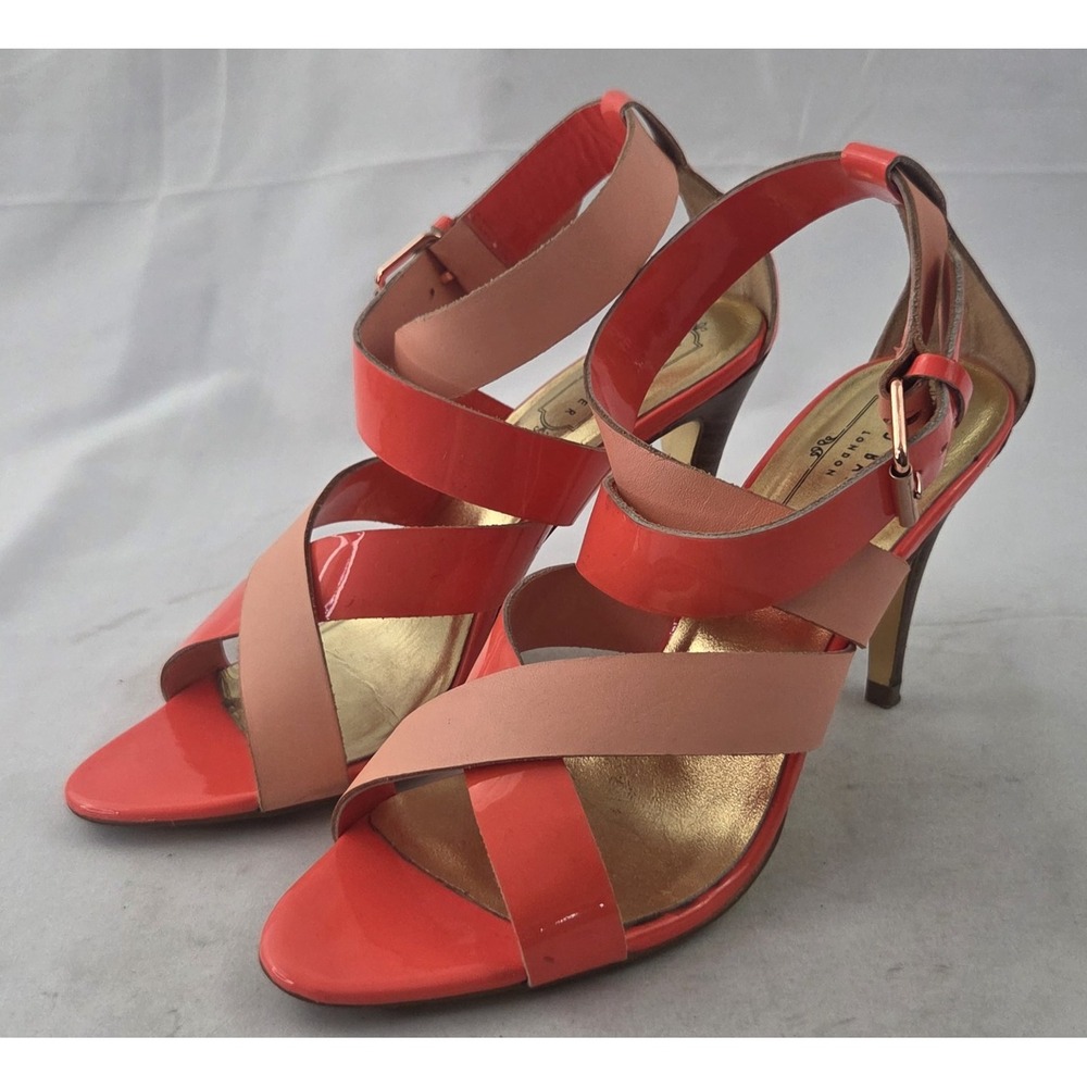 Ted Baker London Sandals Womens 7 Coral Orange Colorblock Patent Leather Heels